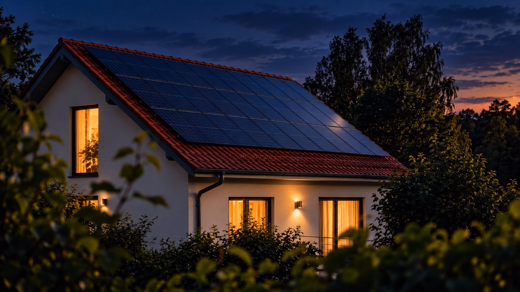 Sistema fotovoltaico em ambiente comercial ao anoitecer