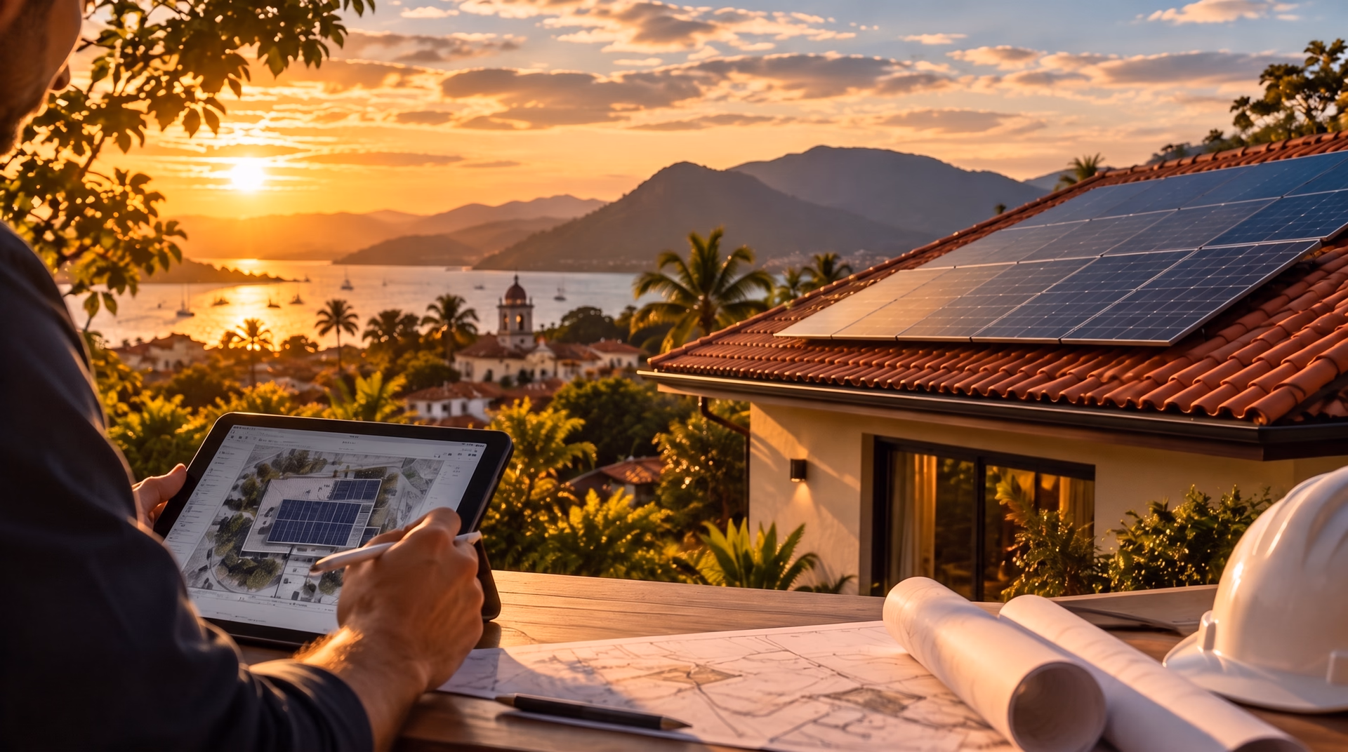 Engenheiro inspecionando instalação de sistema fotovoltaico